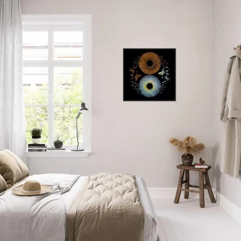 Framed iris poster in bright bedroom with natural light.