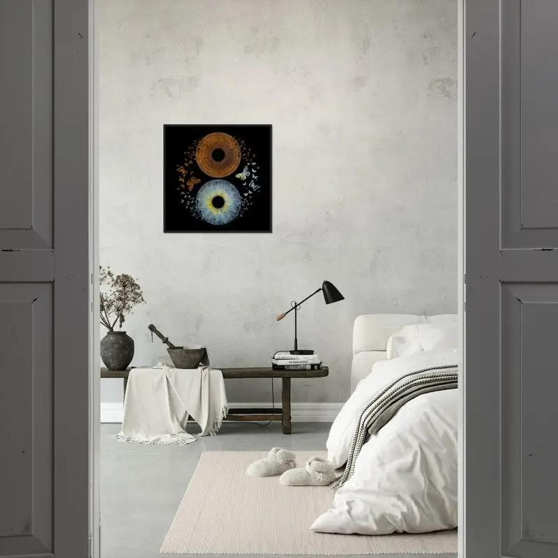Stylish bedroom decor featuring duo iris black framed poster.