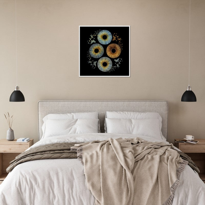 Iris poster with butterflies in white frame above bed