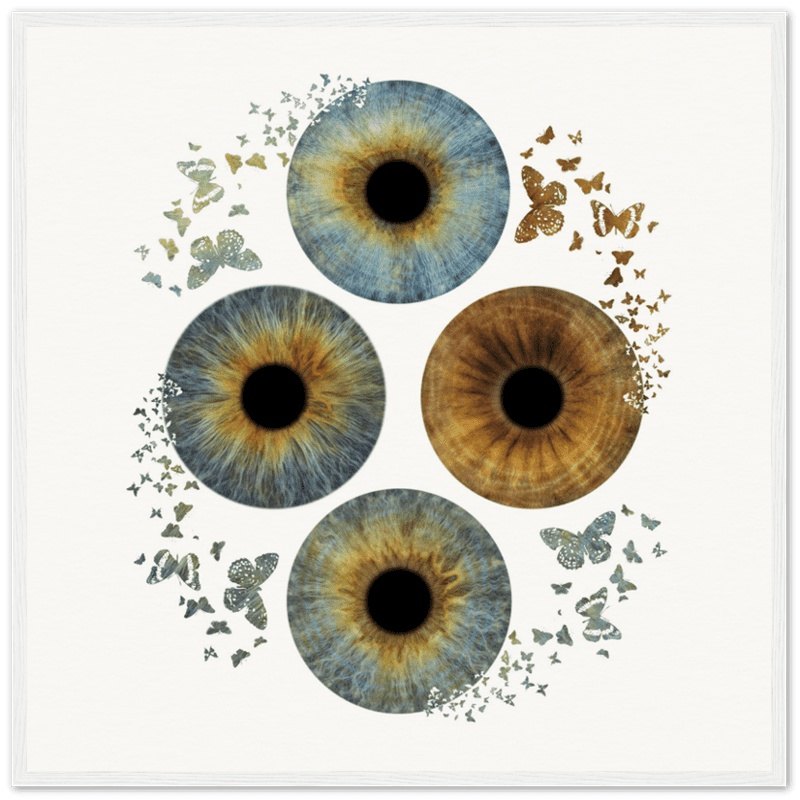 Custom quartet iris poster with butterfly accents on white