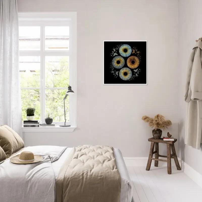 Iris poster with butterflies in white frame in bright bedroom