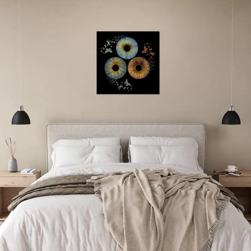 Custom Trio Iris Poster displayed above bed in cozy bedroom