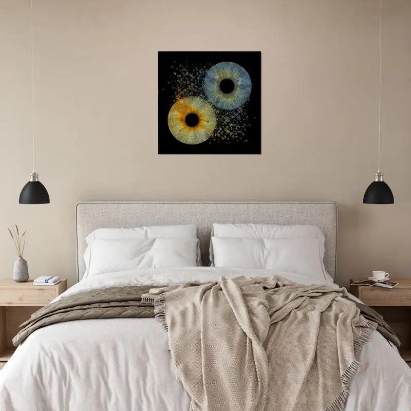The Dewdrop Iris Poster above bed in modern bedroom