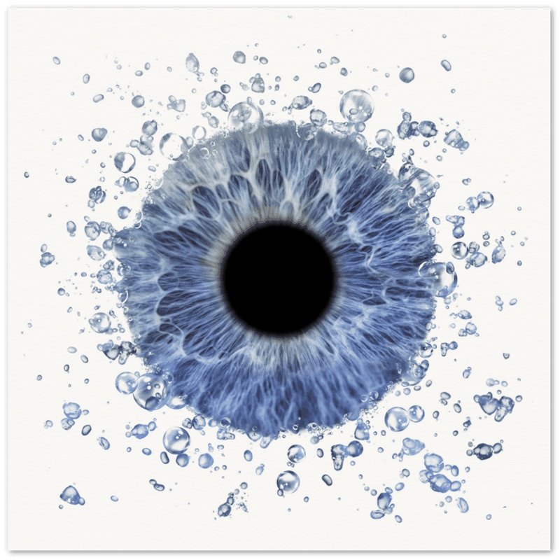 Personalized iris print with dewdrop effect on white background