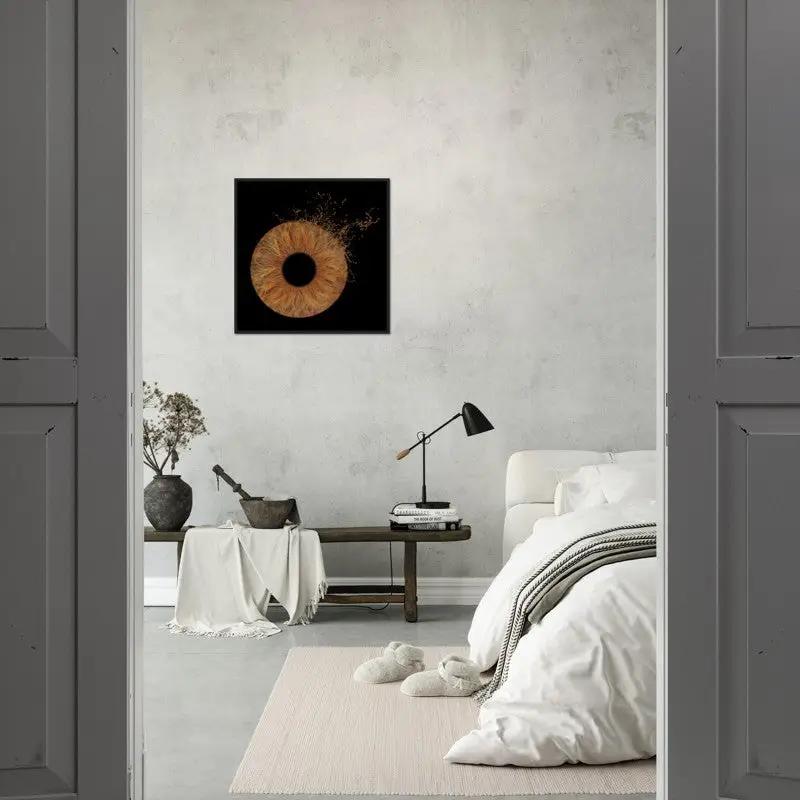 Modern bedroom decor featuring iris black framed poster