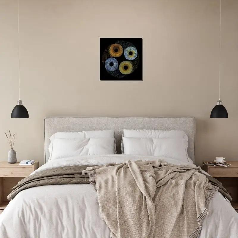 Ethereal Quartet Iris Canvas in a cozy bedroom interior
