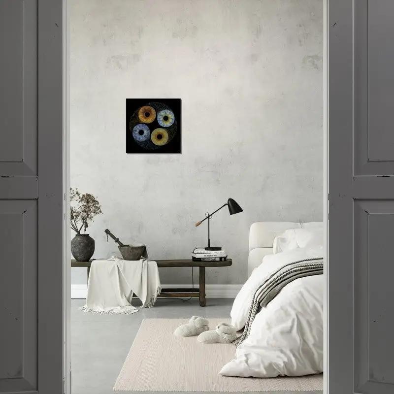Ethereal Quartet Iris Canvas in a minimalist bedroom setting