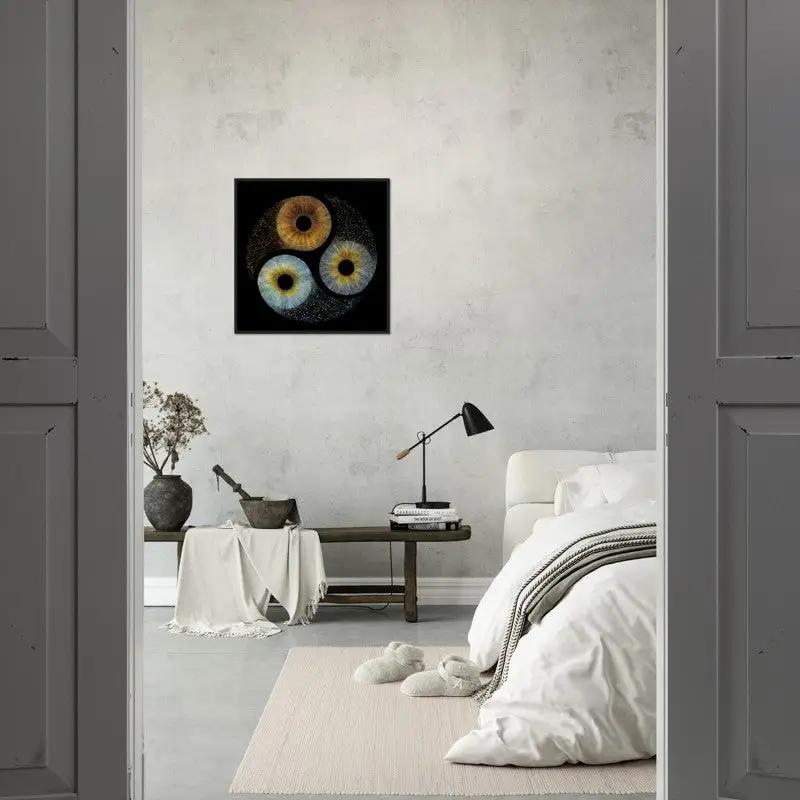 Trio iris black framed art in minimalist bedroom decor