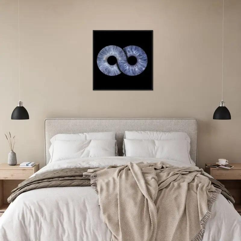 Duo iris framed poster above bed in modern bedroom