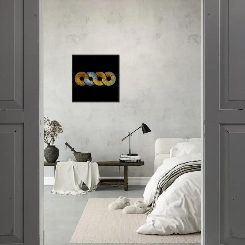 Iris black framed poster in minimalist bedroom decor