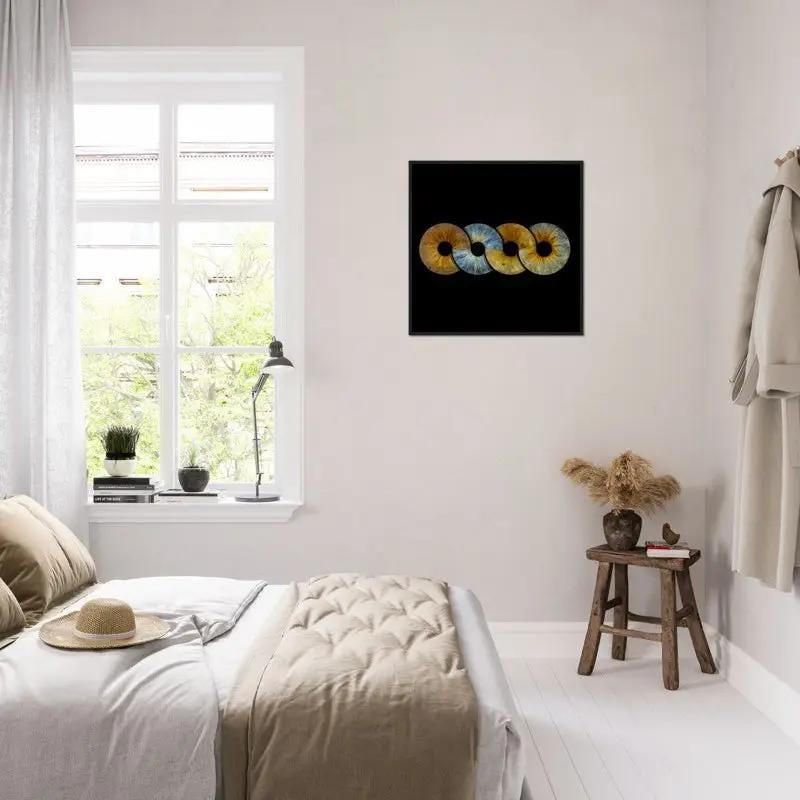 Iris black framed poster in bright bedroom with window