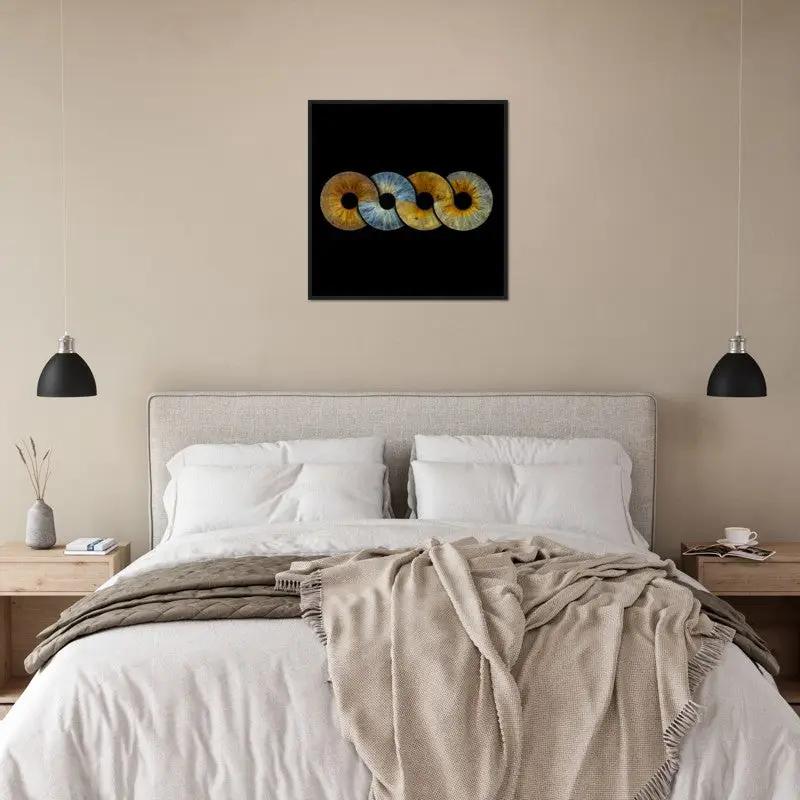 Iris black framed poster above bed in modern bedroom