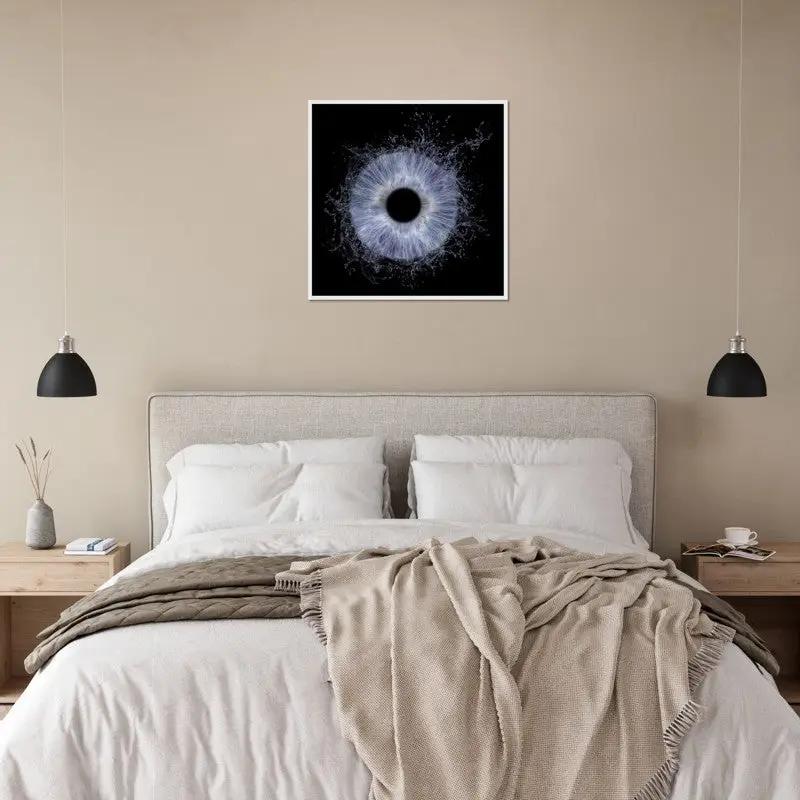 Mystic iris framed poster above bed in modern bedroom