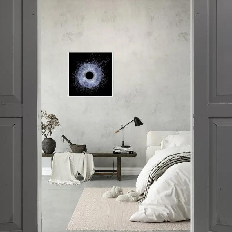 Mystic iris framed poster in minimalist bedroom