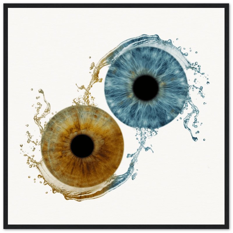Personalized iris art in black frame with blue and brown irises.