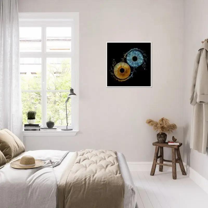 Iris framed poster in bright bedroom setting