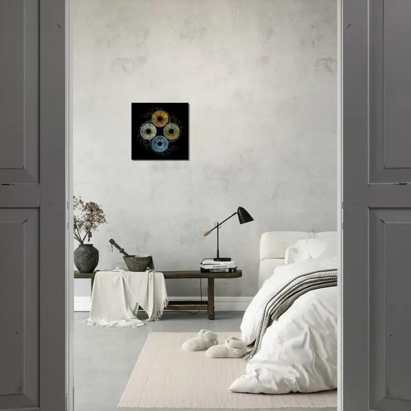 Stylish bedroom with Custom Quartet Iris Canvas