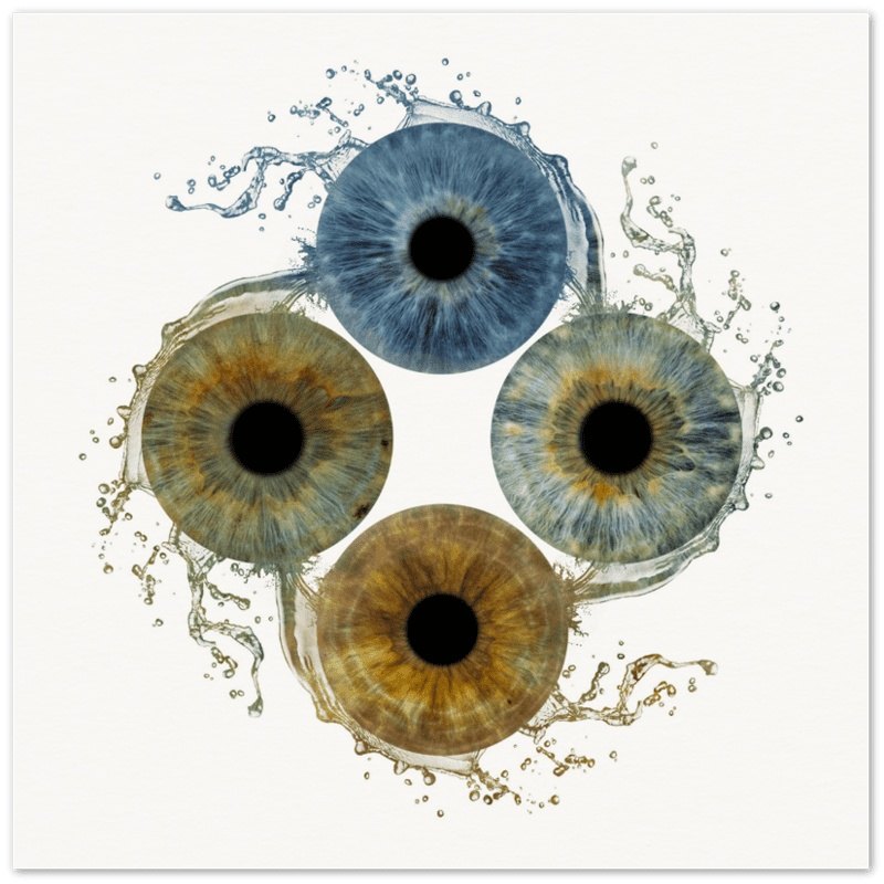 Custom quartet iris poster with four unique irises on white background