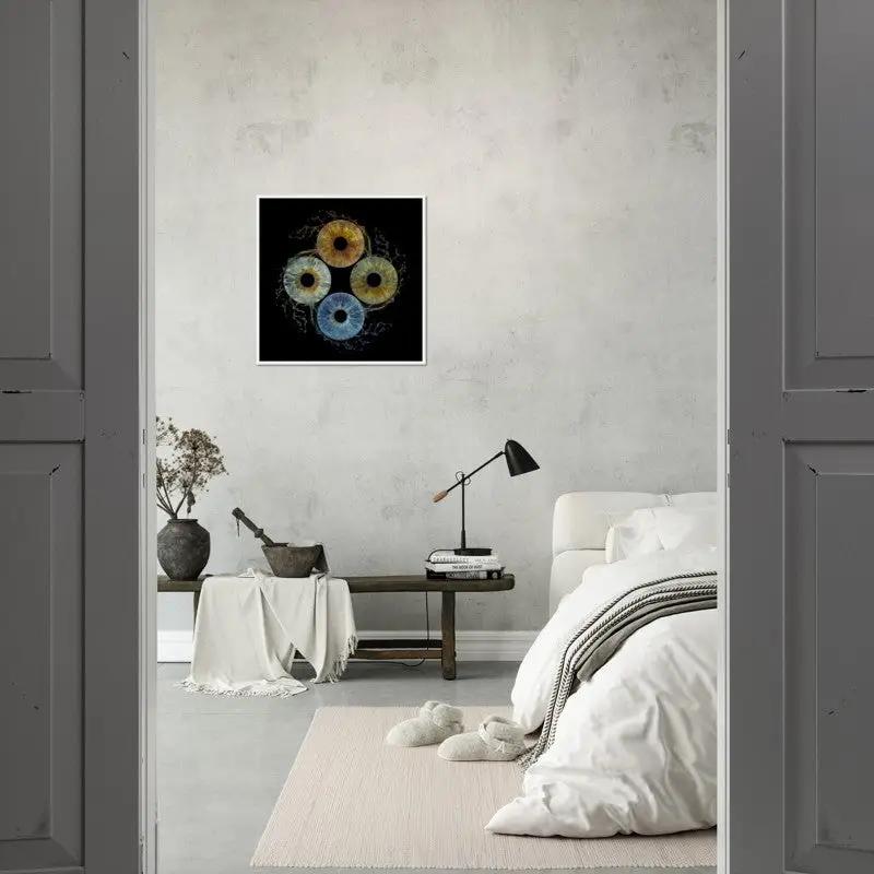 Framed iris poster in minimalist bedroom setting
