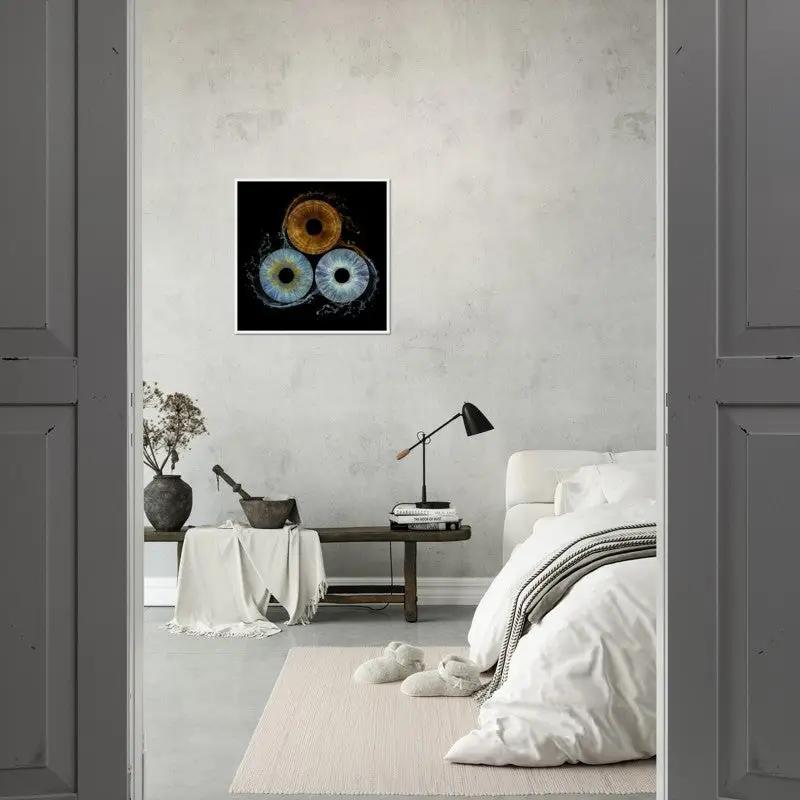 Trio iris framed poster in minimalist bedroom decor
