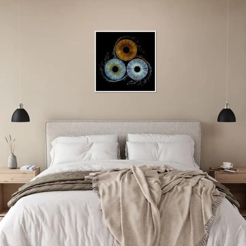Trio iris framed poster above bed in modern bedroom