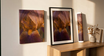 Three custom iris art display formats — canvas, framed, and poster — arranged on a sunlit white wall with minimal Scandinavian décor accents below.