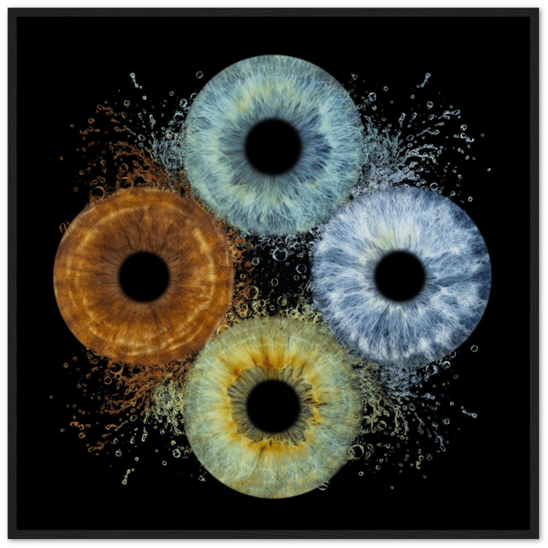 Colorful abstract art of eye-like shapes on a black background