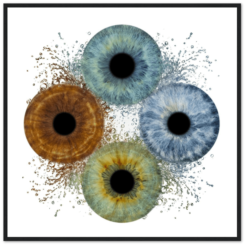 Four abstract eye-like designs in blue, brown, and green on a white background.