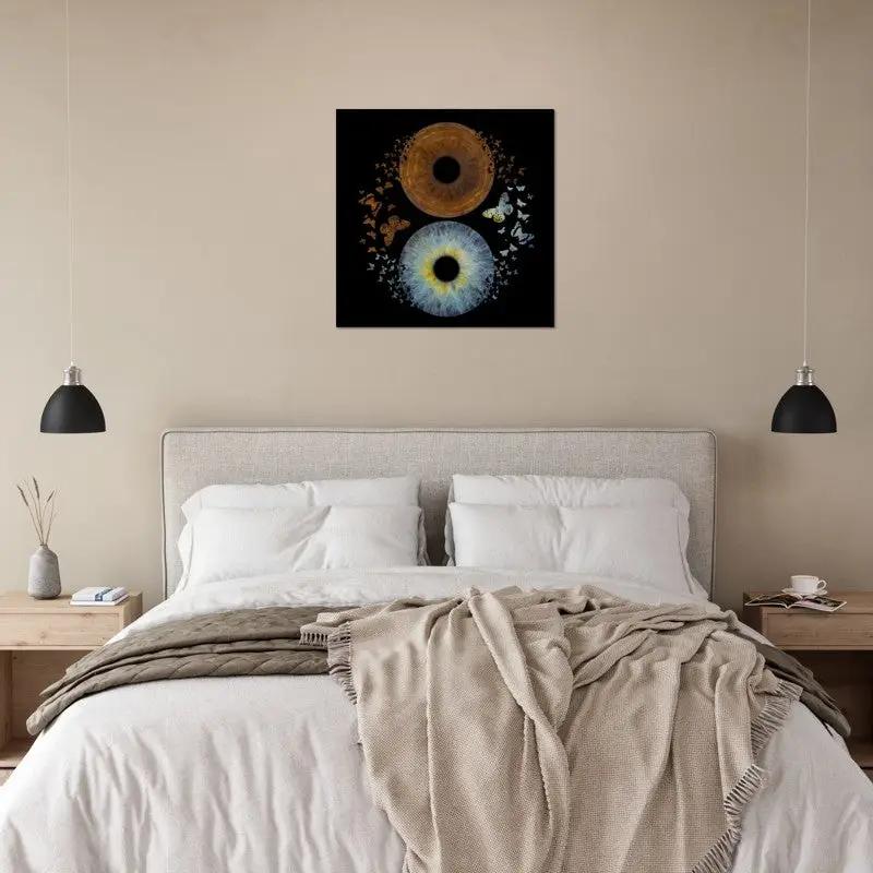 Custom duo iris poster above bed in modern bedroom
