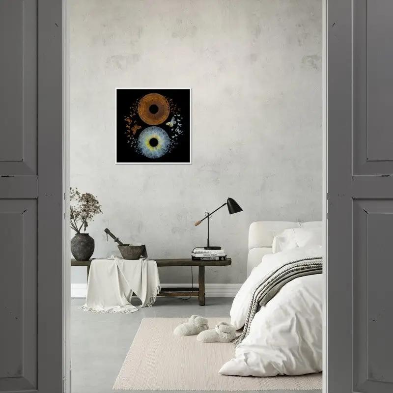 Framed duo iris poster in minimalist bedroom setting