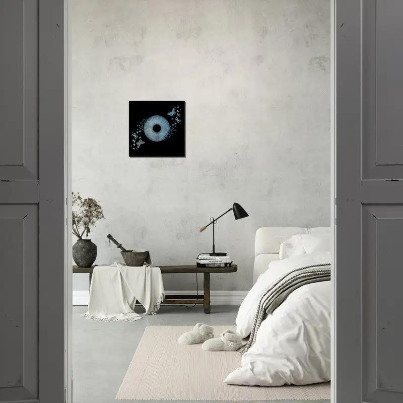 Stylish bedroom decor with custom iris canvas art