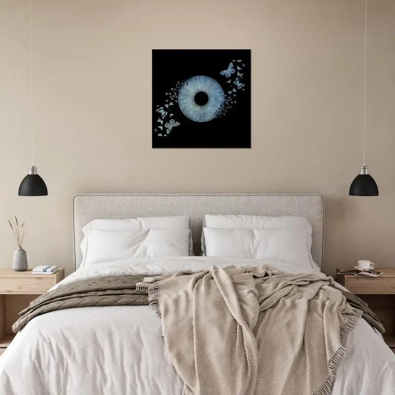 Custom Iris Poster displayed above bed in modern bedroom