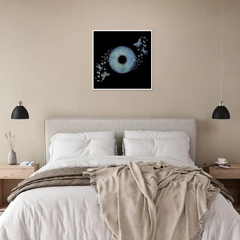 Custom iris white framed poster with butterfly design in bedroom decor