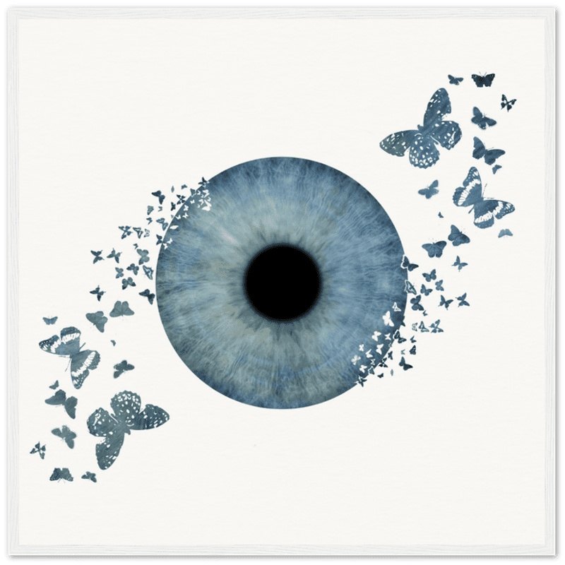 Custom iris white framed poster with butterfly design on black background