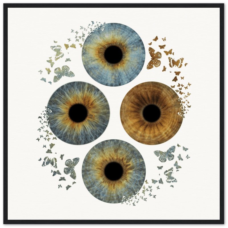 Iris artwork in black frame with butterfly design