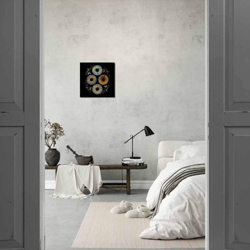 Custom Quartet Iris Canvas in a modern bedroom setting