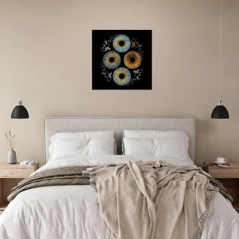 Butterfly Quartet Iris Poster above bed in cozy room