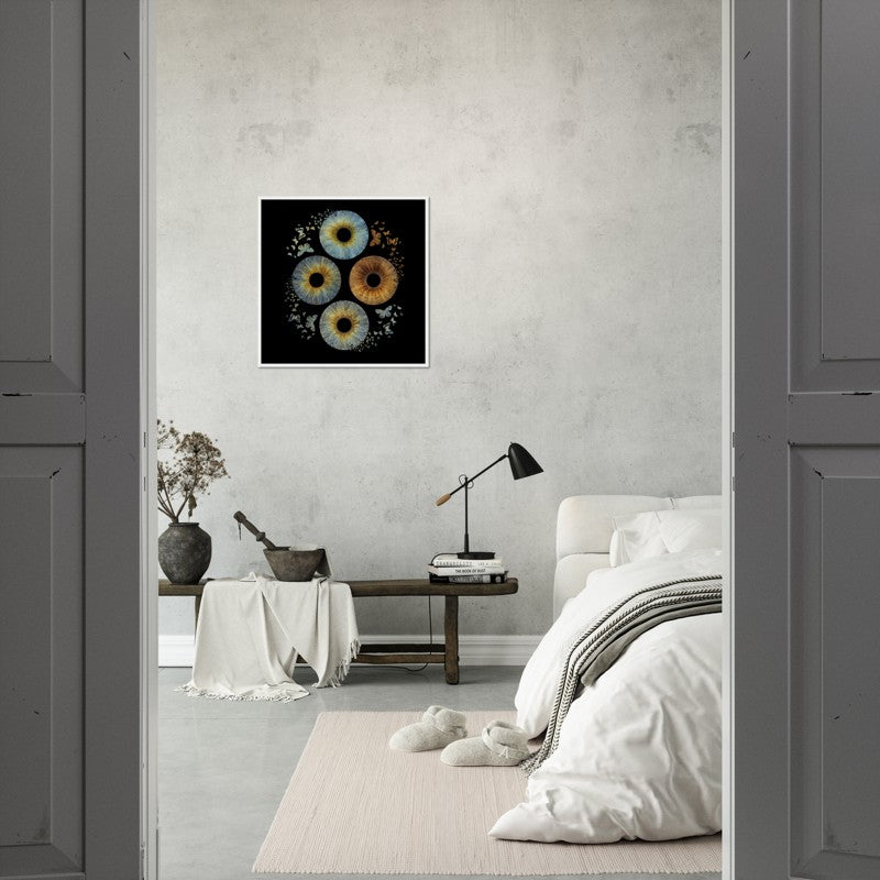 Iris poster with butterflies in white frame in modern room