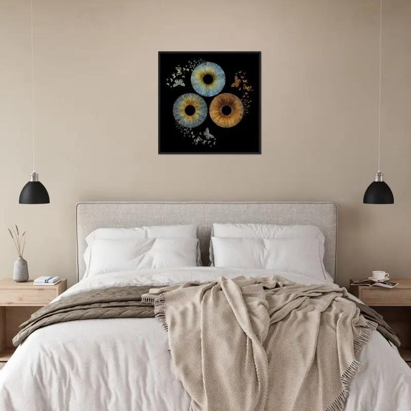 Trio iris framed poster above bed in modern bedroom