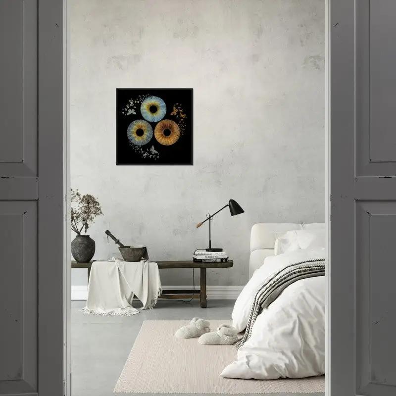 Trio iris framed poster in minimalist bedroom setting