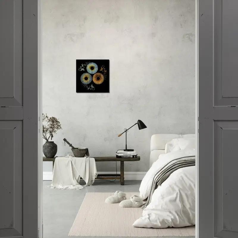 Stylish bedroom with Custom Trio Iris Canvas wall art