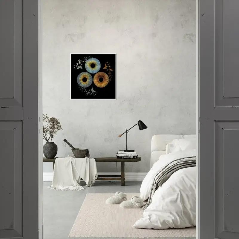 Trio iris poster with butterflies in modern bedroom