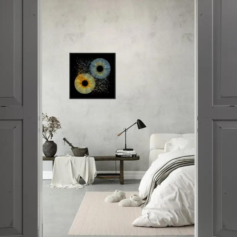 Stylish bedroom with custom duo iris art on wall