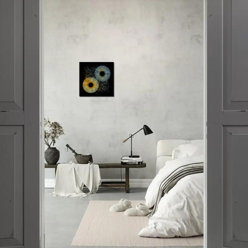 Stylish bedroom with Custom Duo Iris Canvas