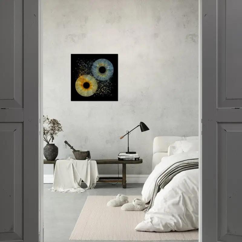 Duo Iris Poster displayed in minimalist bedroom
