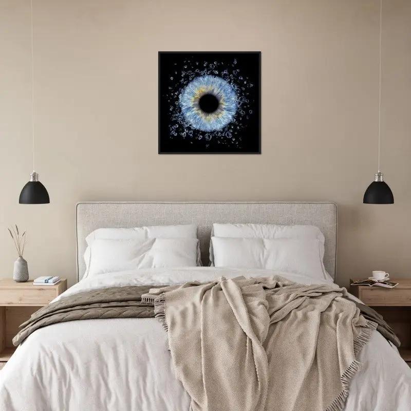 Iris black framed poster above bed in modern bedroom
