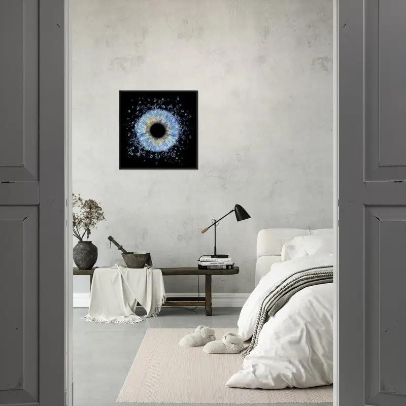 Stylish bedroom with iris black framed poster