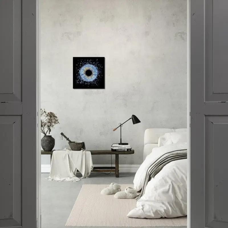 Custom iris canvas art in a stylish living room
