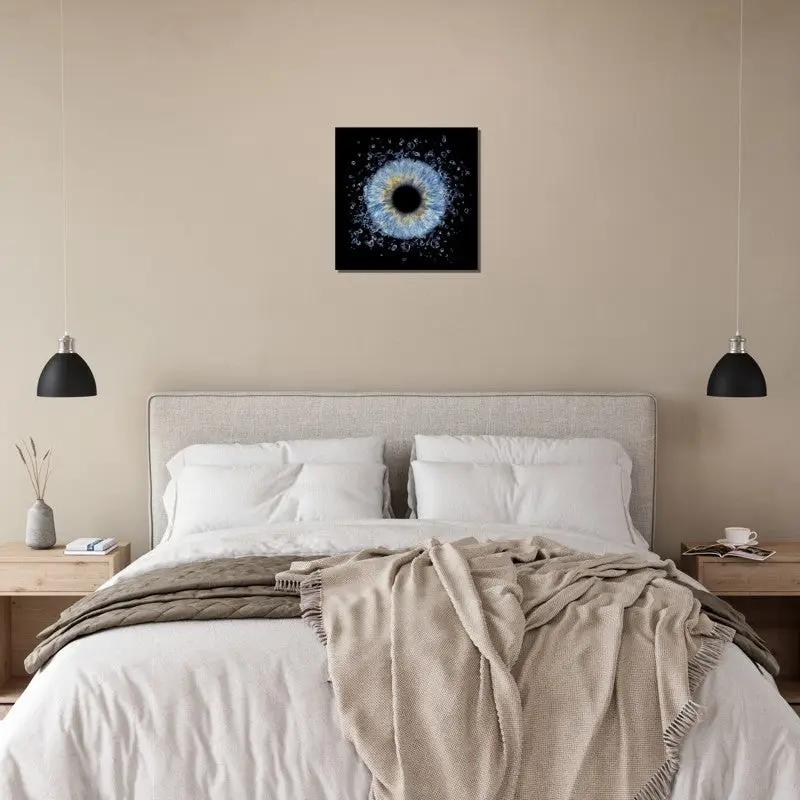 Elegant bedroom with custom iris canvas art