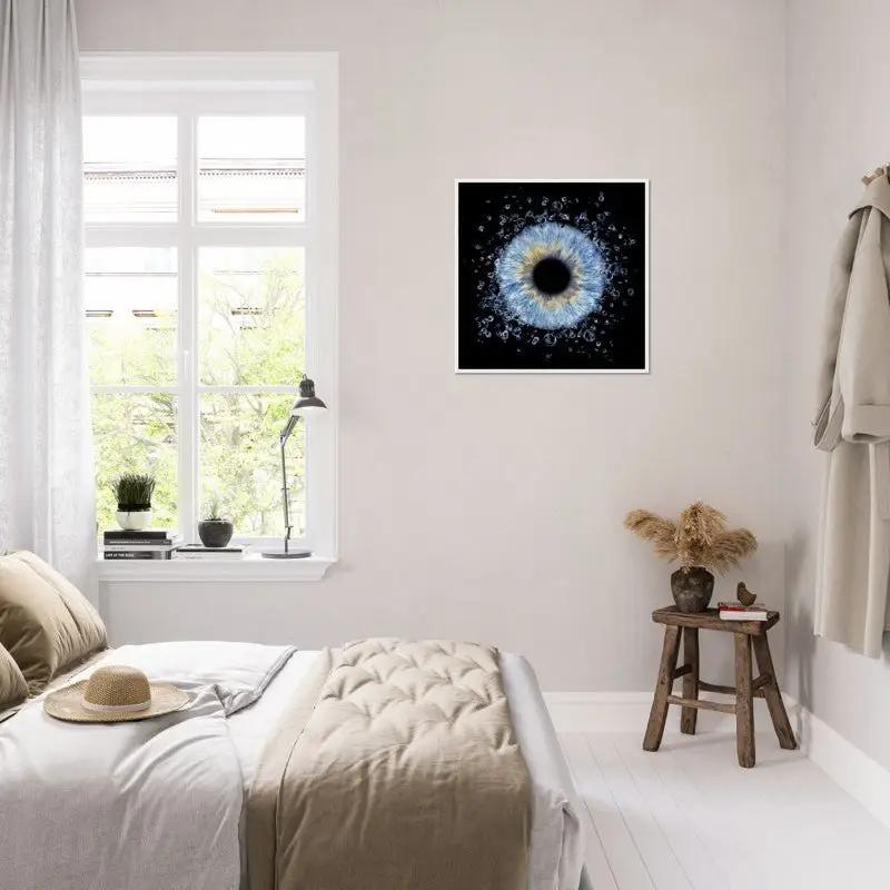 Stylish bedroom with custom iris framed poster